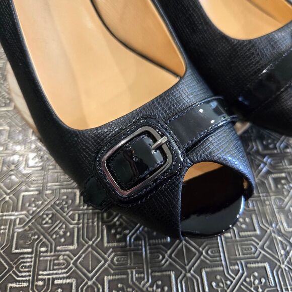 🐢 Cole Haan Black Snake Skin Adjustable Strap  Buckle Open Toed Pump 10B - Picture 2 of 16
